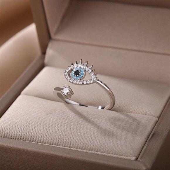 Lucky Evil Eye Adjustable Silver Ring - Picture 2 of 6